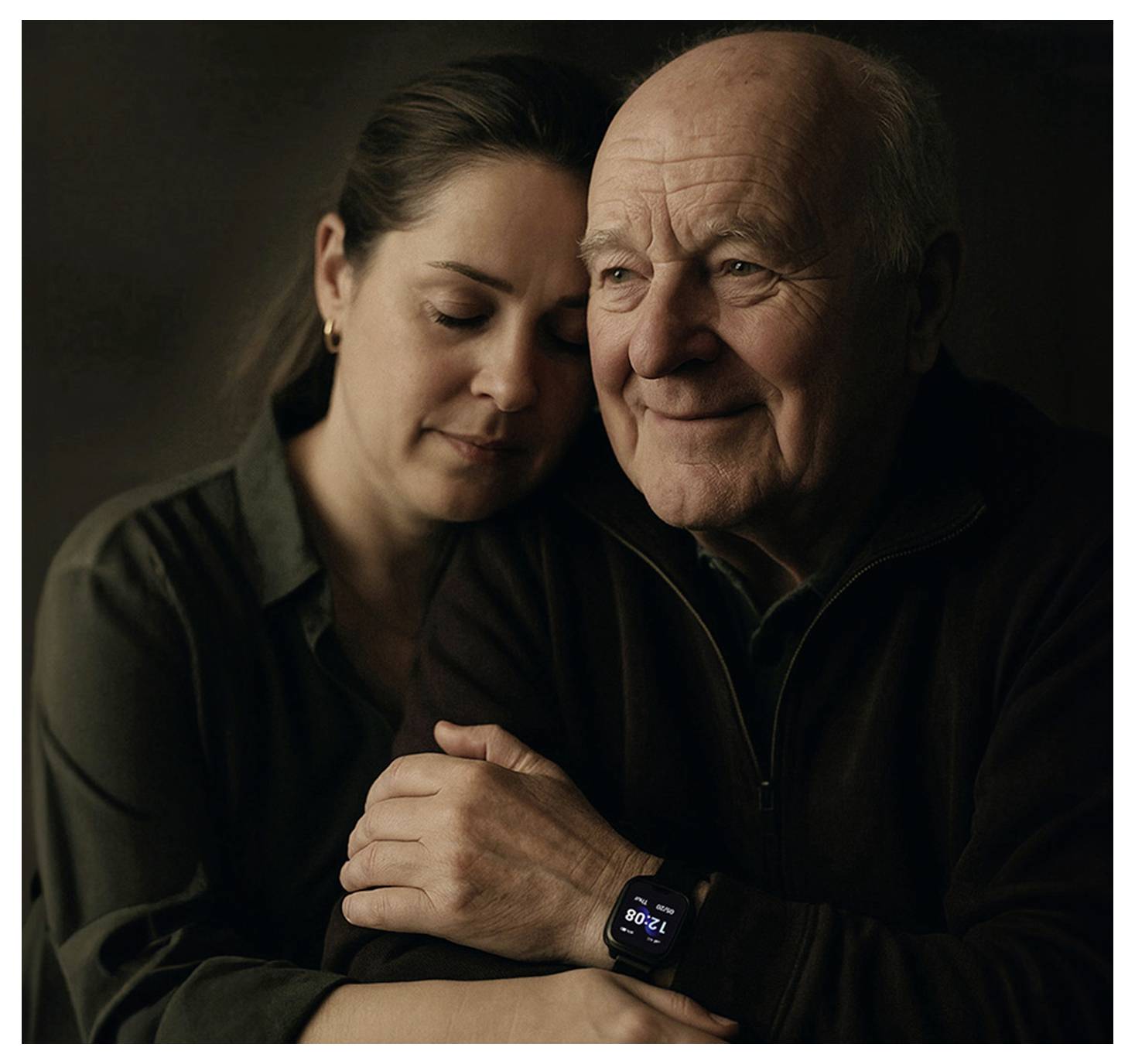 Een vrouw leunt zachtjes haar hoofd op de schouder van een oudere man. Beiden zien er tevreden uit, terwijl de man een smartwatch draagt die een tijd weergeeft.