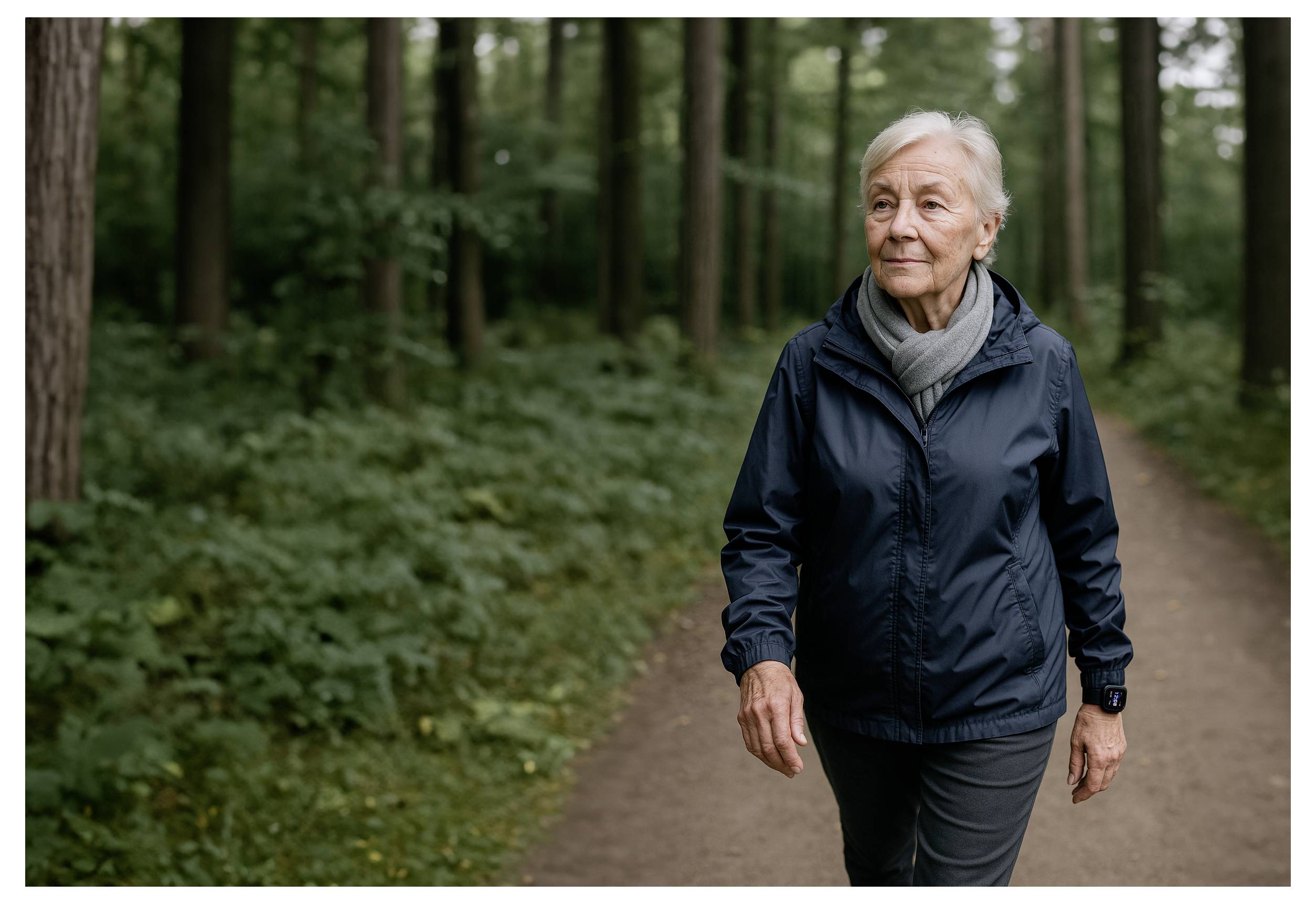Een oudere vrouw loopt langs een bospad, omgeven door hoge bomen en groen, gekleed in een donkerblauwe jas en sjaal, met een doordachte uitdrukking op haar gezicht.