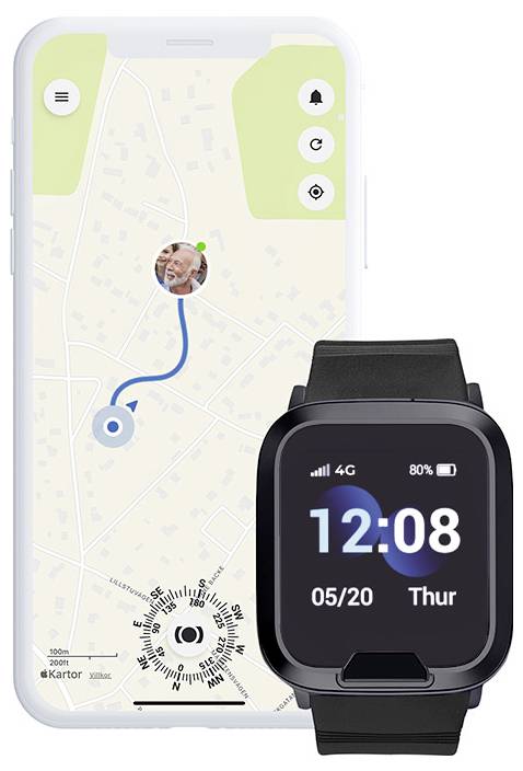'Een smartwatch met 12:08, 05/20, donderdag op het scherm, met een telefoon die een routekaart toont die een gebruikerspictogram met een bestemming op de kaart verbindt.'