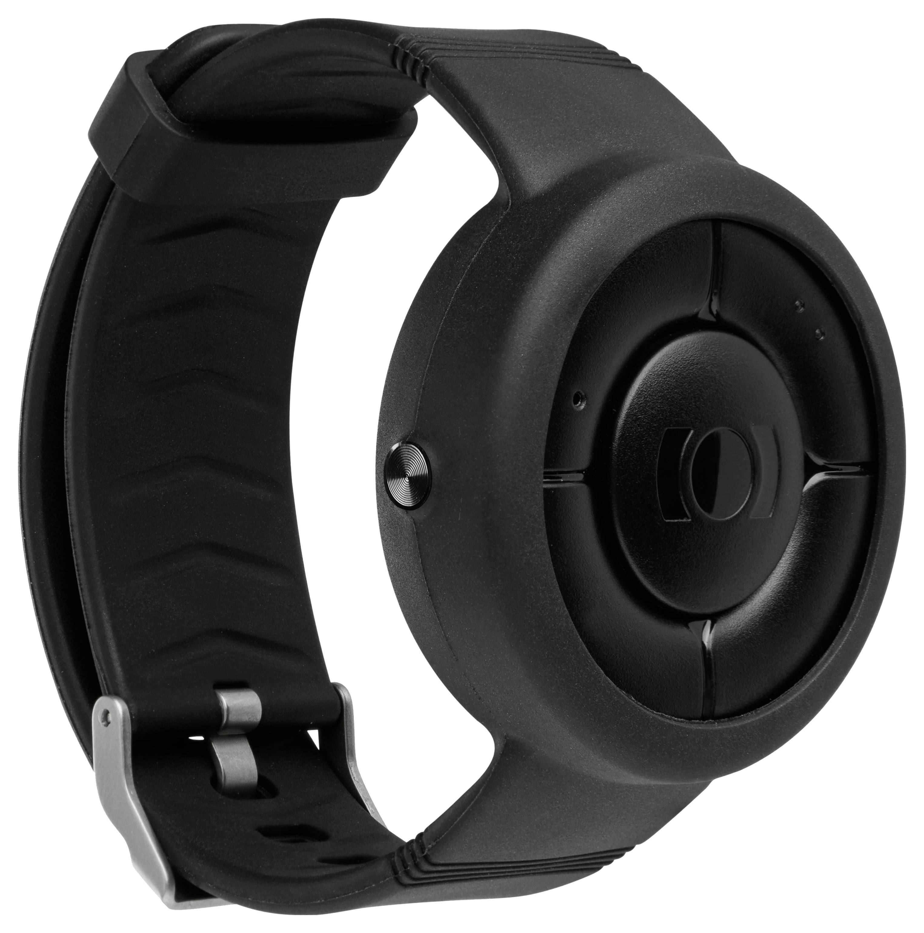 'Een zwart rond smartwatch met een verstelbare band, met een slanke, minimalistische vormgeving.'