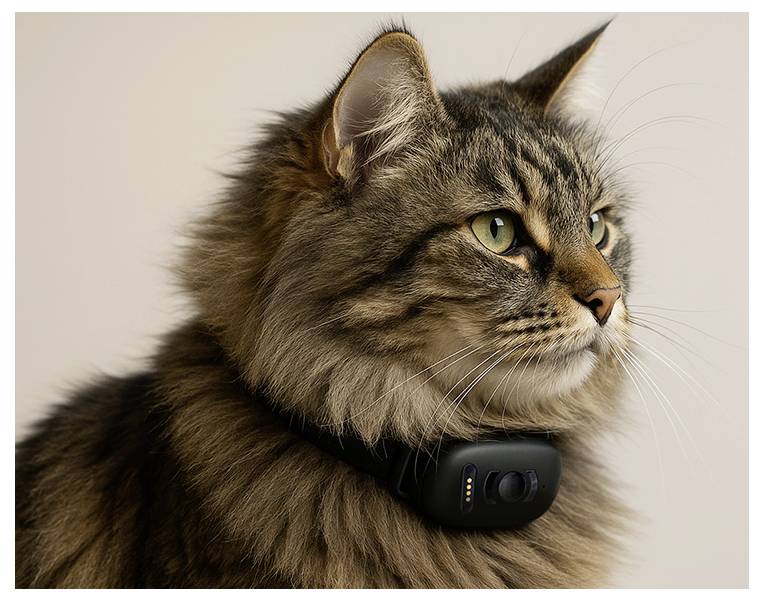 Een fluffy gestreepte kat met een GPS-halsband kijkt opzij, wat waakzaamheid en nieuwsgierigheid uitstraalt. De kat heeft opvallend groene ogen en een volle staart.