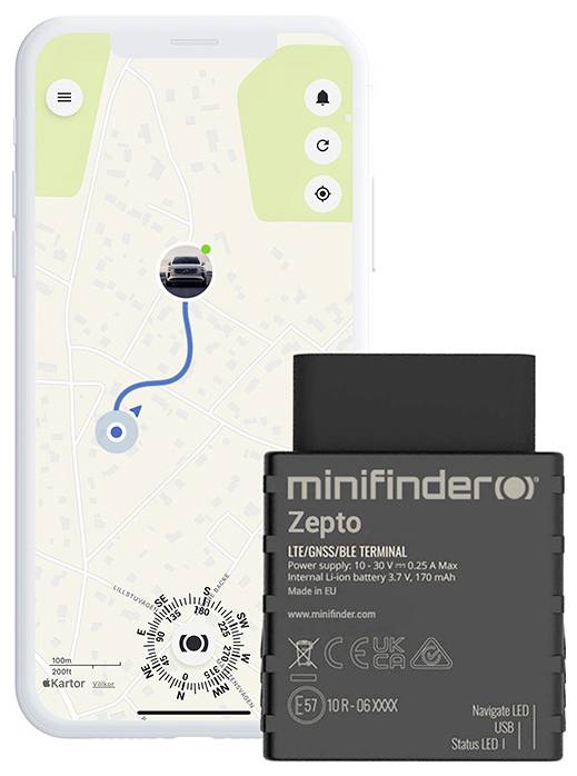 De afbeelding toont een smartphone die een GPS-kaart weergeeft met een route gemarkeerd in blauw, naast een zwart MiniFinder Zepto-trackingapparaat.