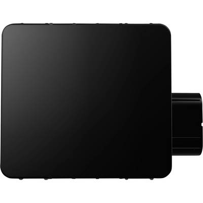 Een zwart, rechthoekig elektronisch apparaat met een uitstekende cilindrische component aan de rechterkant, weergegeven tegen een witte achtergrond.