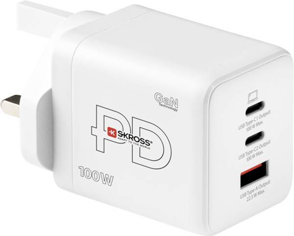 Skross Power Charger Combo+ 100W UK USB-oplader 100 W 2x USB-C, 1x USB-A USB PD Wit Binnen USB Power Delivery (USB-PD), GaN