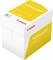 Een doos Canon 'Yellow Label' printpapier, met wit en geel verpakking met tekst over kwaliteit en prestaties.