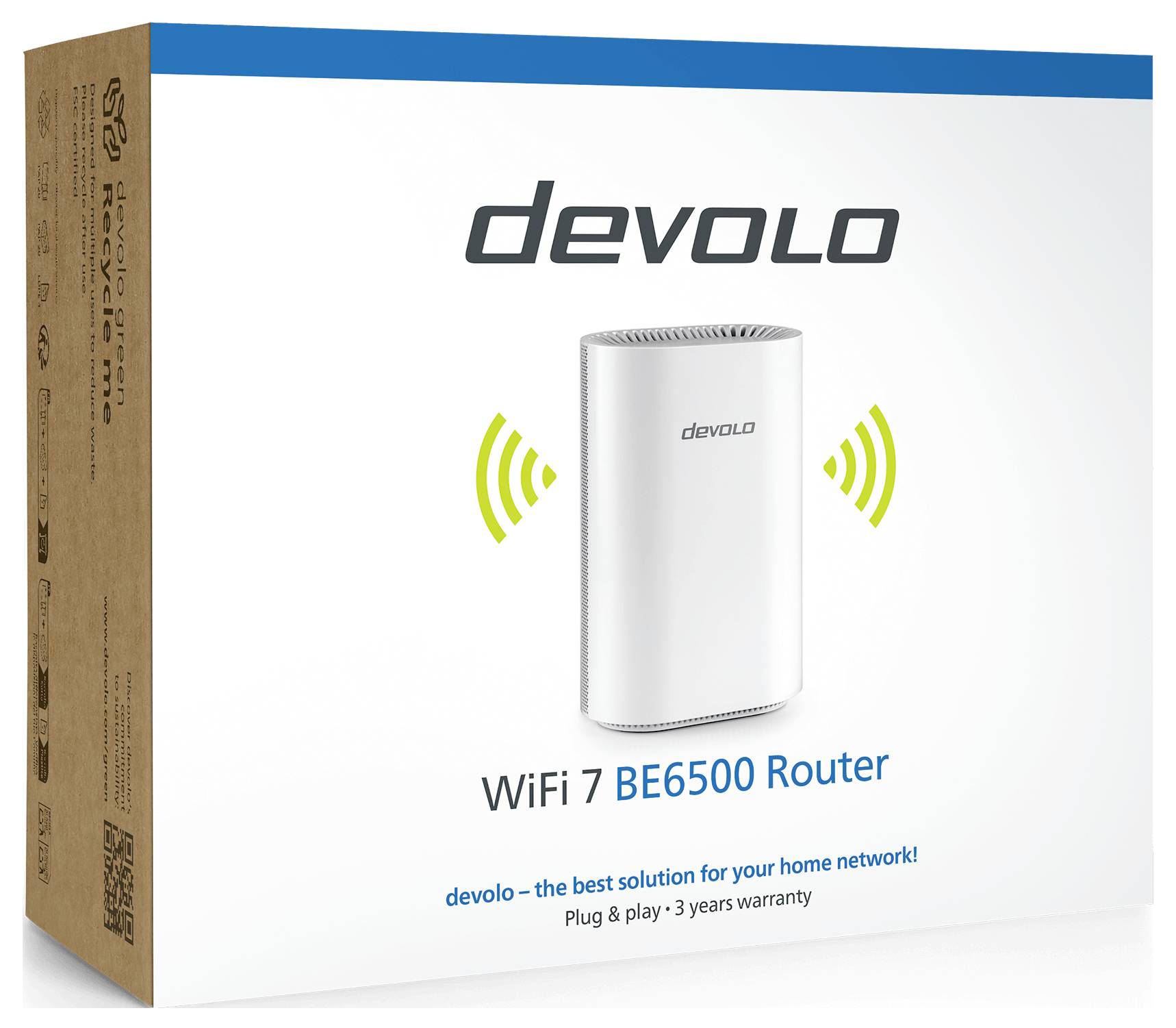 Devolo WiFi 7 BE6500 Router verpakking met de tekst 'devolo—de beste oplossing voor uw thuisnetwerk! Plug & play · 3 jaar garantie'.