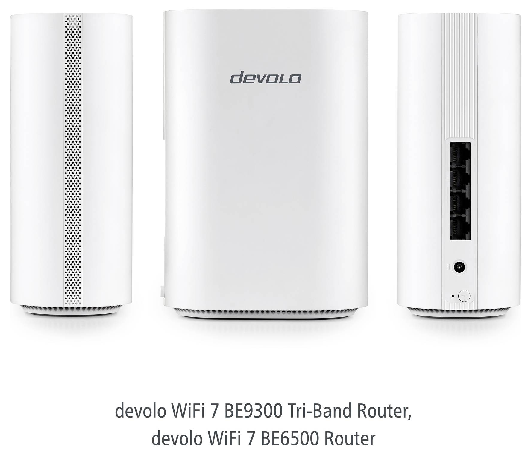Witte, cilindrische Devolo WiFi 7-routers weergegeven van voren en van achteren, voorzien van meerdere poorten, gelabeld als BE9300- en BE6500-modellen.