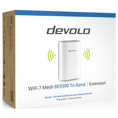 WiFi 7 Mesh BE9300 Tri-Band Uitbreiding van devolo, weergegeven in retailverpakking, bevordert thuisnetwerkverbetering en gebruiksgemak bij installatie.