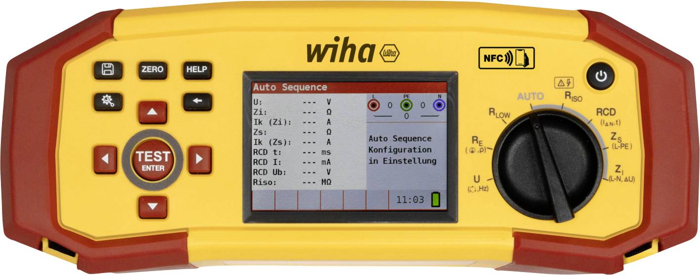 'Wiha' geel en rood digitaal elektrisch testapparaat met scherm dat 'Auto-Sequence' instellingen weergeeft. Voorzien van knoppen, draaiknop en NFC-logo.