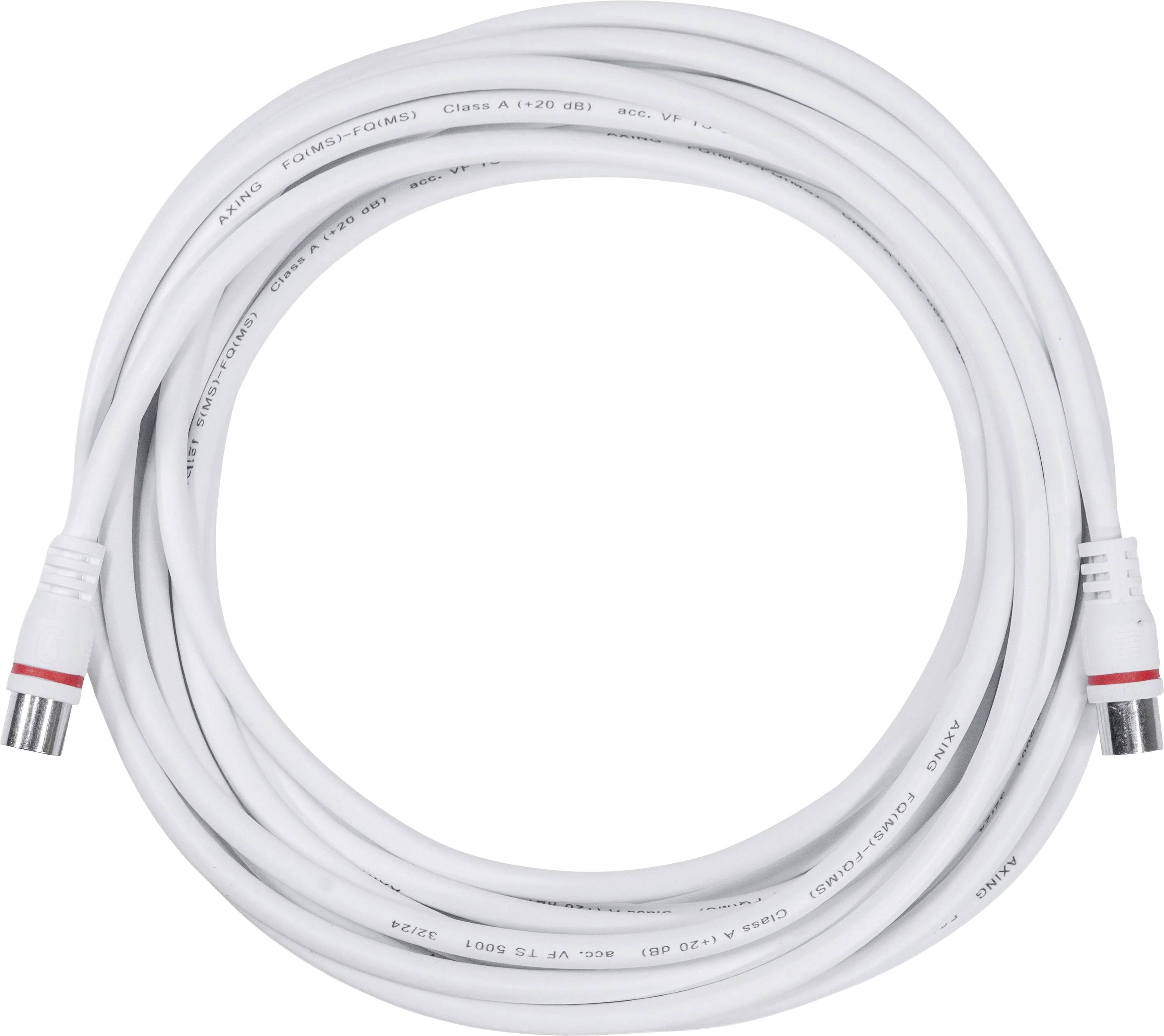 Een opgerold witte coaxiale kabel met metalen connectoren aan beide uiteinden, gebruikt voor het verzenden van televisie- of internetsignalen.