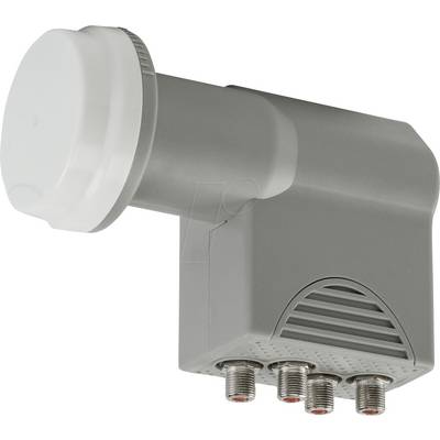 'Een grijs quad LNB-apparaat met vier uitgangsconnectoren gebruikt voor ontvangst van satellietschotels.'