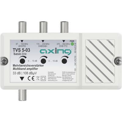 'TVS 5-03 basis-lijn' meerband-versterker met vier coaxiale connectors, gelabelde frequentiebereiken en stroomindicatorlamp.