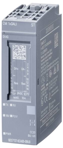Een grijze industriële automatiseringsmodule met zichtbare poorten, LED-indicatoren en een QR-code. Het Siemens-logo en productdetails staan erop afgedrukt.