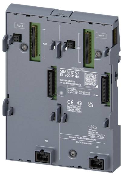 Een grijs elektronisch module gelabeld 'SIMATIC S7 ET 200SP HA' met verschillende slots en connectoren, ontworpen voor industriële automatiseringssystemen.