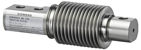 Een cilindrisch metalen onderdeel met een geribbelde middensectie en gelabeld als 'SIWAREX WL 230', gebruikt voor het meten van kracht of gewicht.