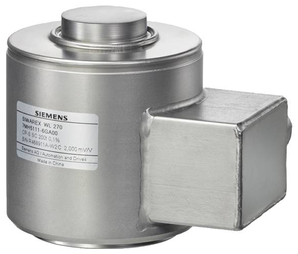 Een cilindrische metalen lascel met een aansluitingseenheid, gelabeld als 'Siemens Swarex WL 270' en technische specificaties, ontworpen voor het meten van belastingen.