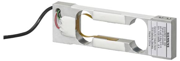 Een metalen belastingcel-sensor met zichtbare bedrading aan één uiteinde, geëtiketteerd met specificaties en merknaam 'Siemens' aan de zijkant.