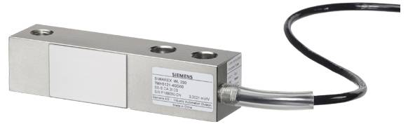 Een cilindrische lastsensor met het label 'Siemens SIWAREX WL 270', gebruikt voor industriële automatisering, met een metalen kabelconnector.