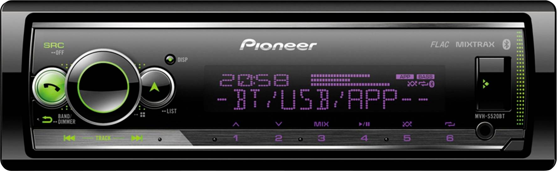 Een auto-audioset met groen en paars verlichte bedieningselementen, met '20:58 BT/USB/APP' weergegeven op het digitale scherm.