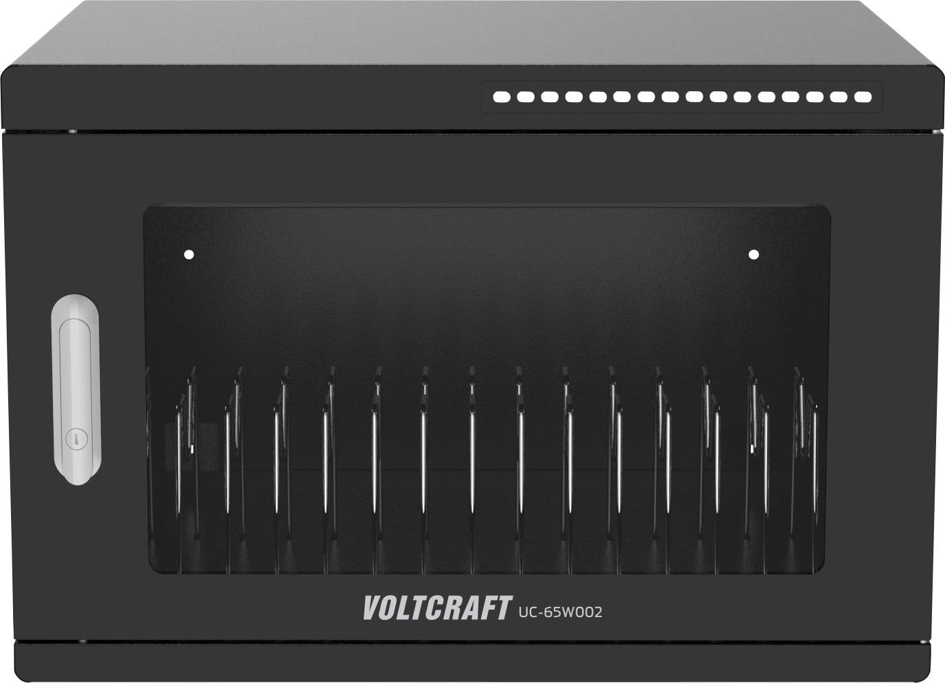 Zwarte VOLTCRAFT UC-65W002 laadkast met vooraanzicht-kijkvenster, handvat en statuslampjes bovenaan.