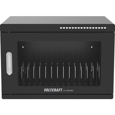 Zwarte VOLTCRAFT UC-65W002 laadkast met vooraanzicht-kijkvenster, handvat en statuslampjes bovenaan.