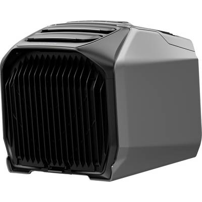 Een stijlvol, modern zwart en grijs elektronisch apparaat met een geventileerde frontpaneel, mogelijk een computercomponent of gaming console accessoire.