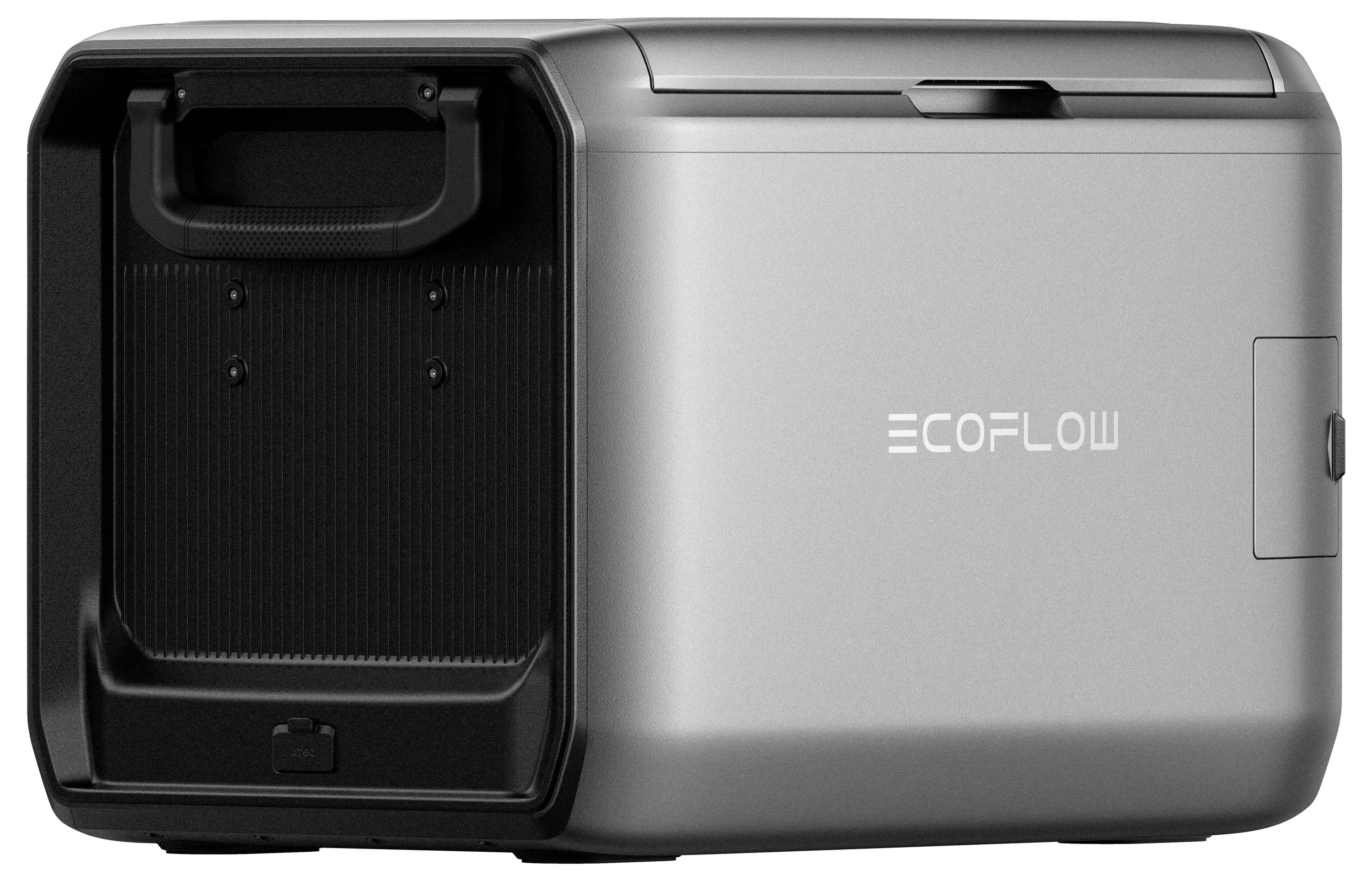 'EcoFlow' energiecentrale in zilver met een compact, robuust ontwerp. Voorzien van een handvat en zijvak, wat aangeeft dat het draagbaar en veelzijdig inzetbaar is.
