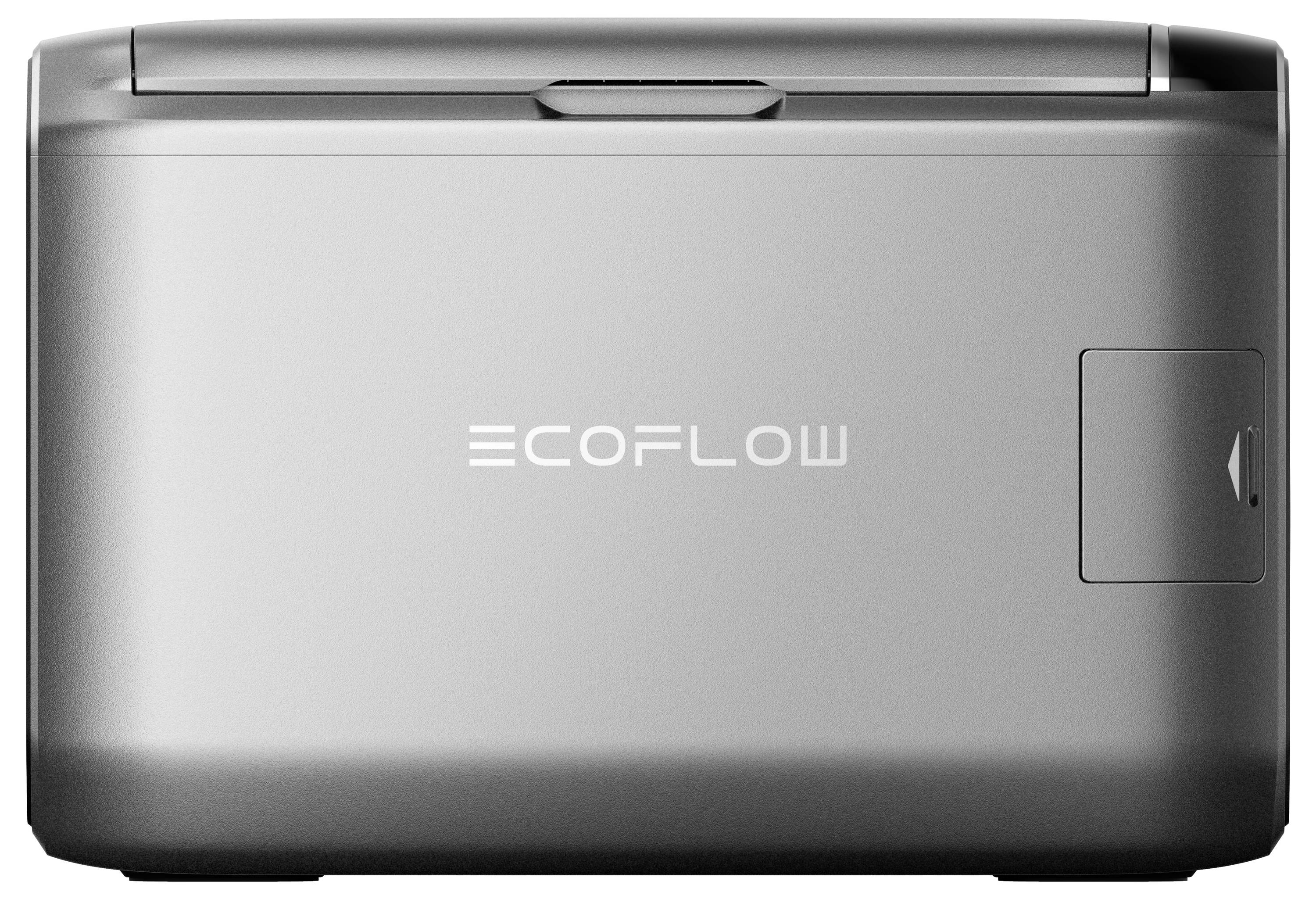Draagbare zilveren koelbox met 'EcoFlow' logo op de voorkant.