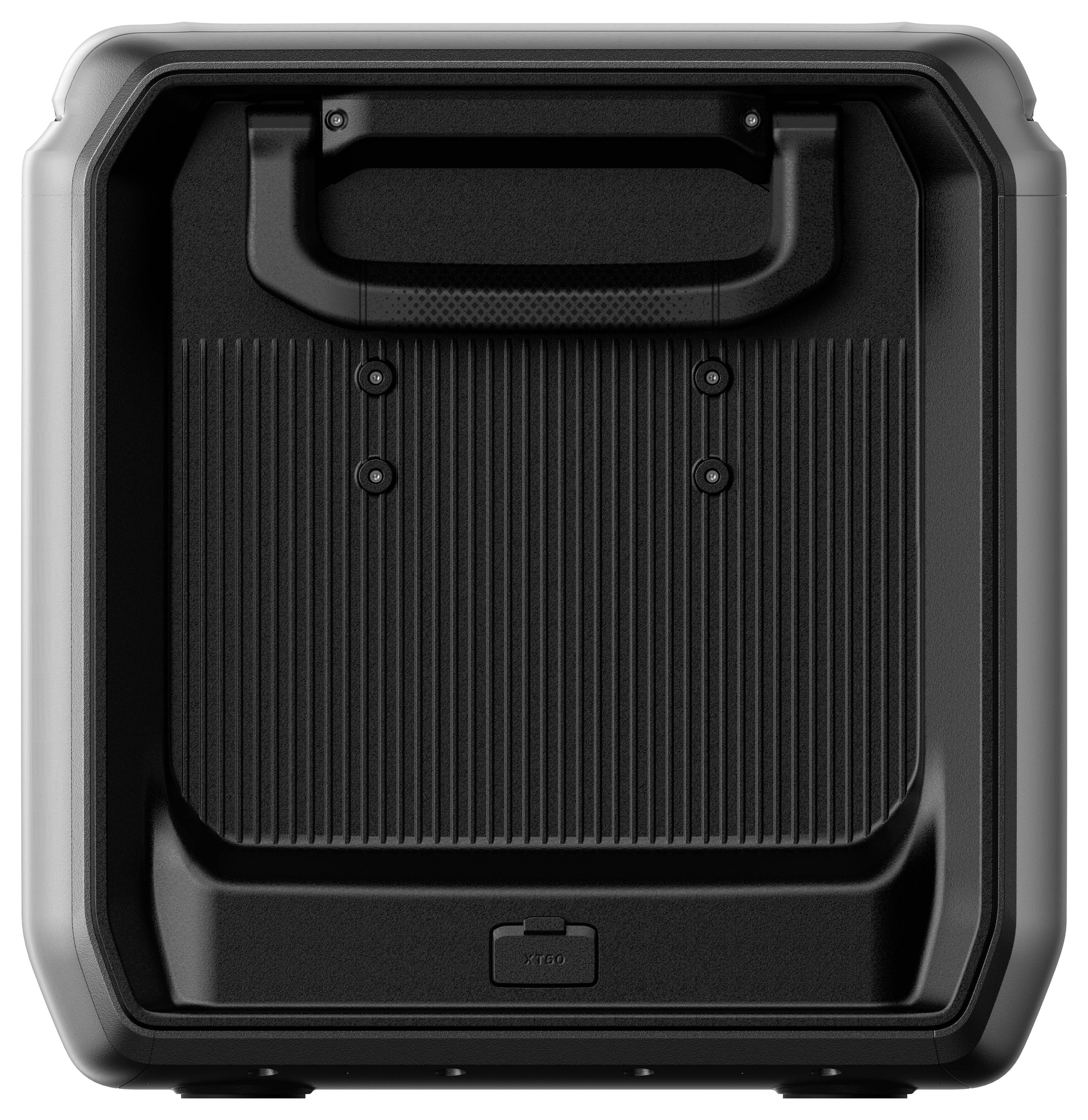 Een vierkante, zwarte speaker met een gerezen frontpaneel en een rechthoekige handgreep aan de bovenkant, ontworpen voor draagbaar en veelzijdig audiogebruik.