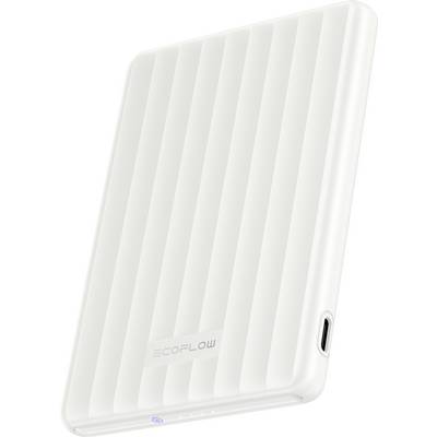 Een witte EcoFlow draadloze oplader met een geribbeld oppervlak en een USB-C-poort aan de zijkant.