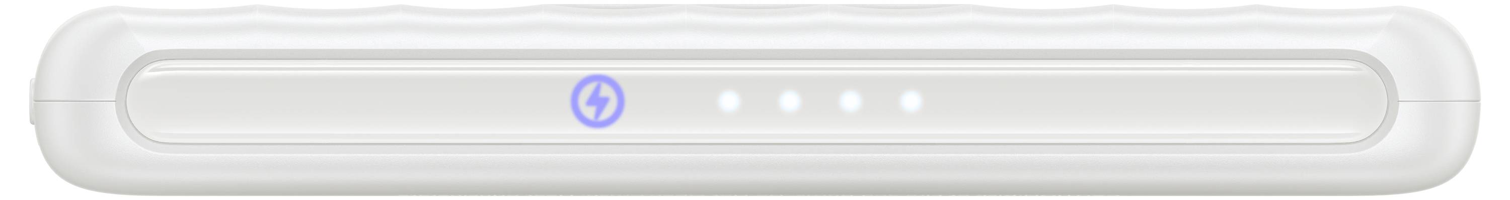 Een witte powerbank met een blauw stromsymbool en vier indicatorlampjes die het laadniveau aangeven.