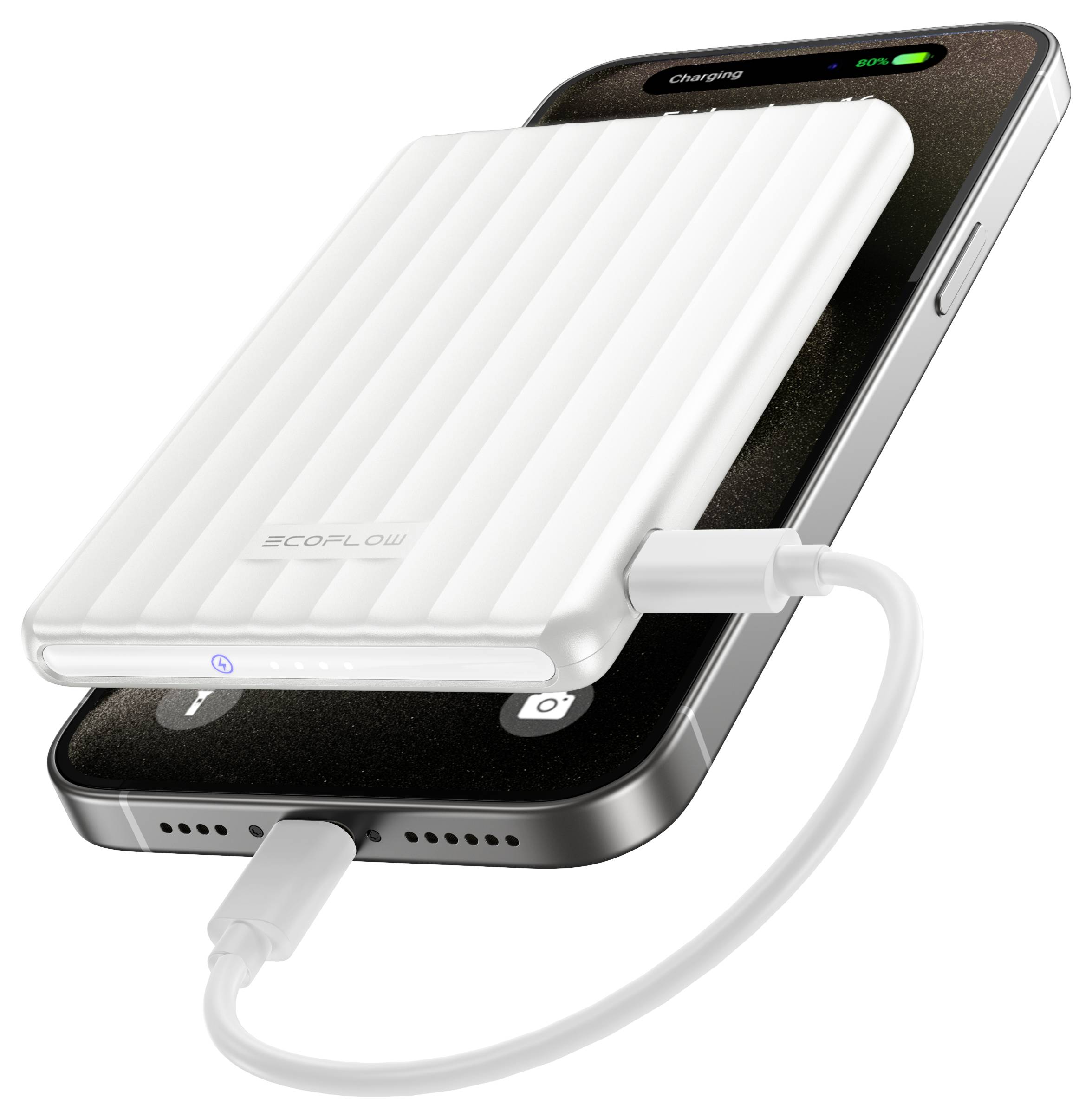 Een draagbare powerbank is verbonden met een smartphone, die 90% lading op het scherm weergeeft. De powerbank is gelabeld 'EcoFlow'.