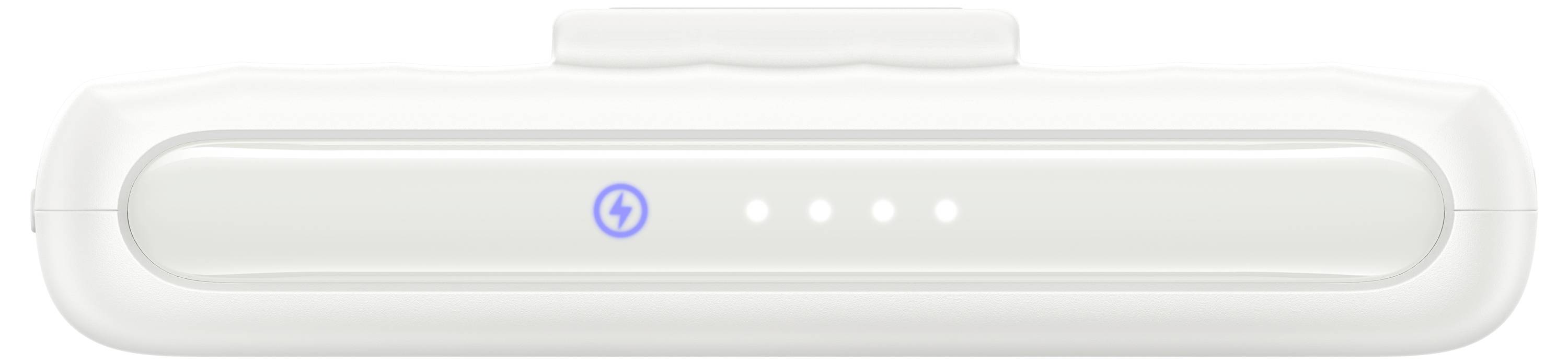 Wit elektronisch apparaat met vier kleine LED-indicatoren en een bliksemboliek, wat suggereert dat dit een oplaad- of statusfunctie heeft.