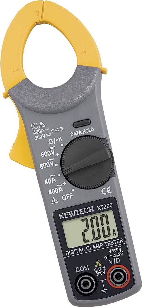 'Digitale ampèremeter met tang die een waarde van 200 aangeeft, met verschillende meetinstellingen op de schijf, inclusief AC- en DC-spanningen.'