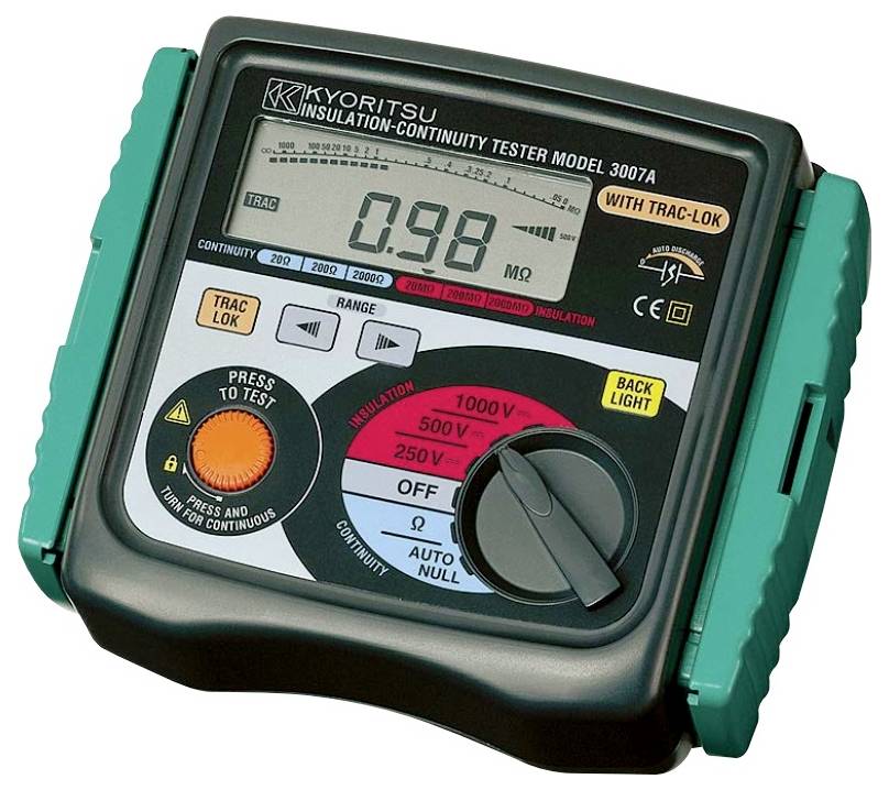 'Digitale isolatie-continuïteitsmetertester met een scherm dat 0,98 megaohm weergeeft, gebruikt voor het meten van elektrische isolatieweerstand.'