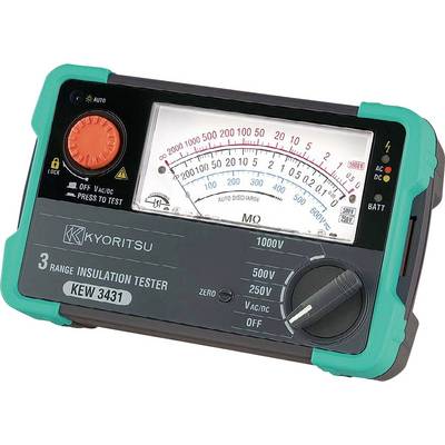 Een isolatietester met analoog display met weerstandsweergave in megaohms, draaiknop voor spanningsinstellingen, en knoppen voor testen en stroomvoorziening.