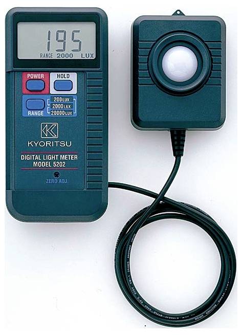 Een digitale luxmeter die '1.95' lux weergeeft, met een sensor verbonden door een kabel. Het getoonde model is Kyoritsu 5202.
