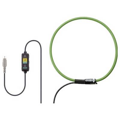 Flexibele stroommeter met een groene lus en zwarte connector. Gebruikt voor het meten van wisselstroom, met digitaal display op het apparaat.
