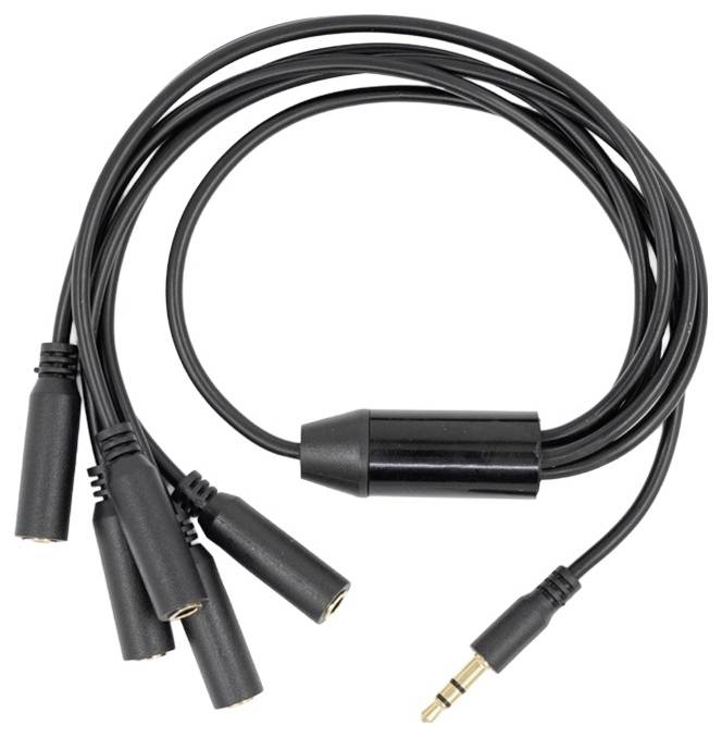 Een zwarte audio-splitterkabel met één male naar vier female 3,5mm-aansluitingen, gebruikt voor het aansluiten van meerdere koptelefoons of apparaten op één bron.