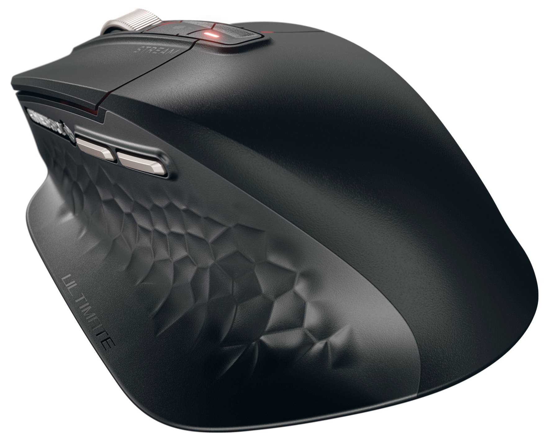 Een ergonomische zwarte computermuis met gestructureerde zijkant, meerdere knoppen en een LED-indicator bovenaan.