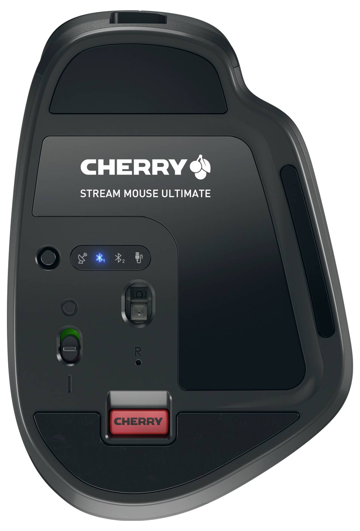 Onderaanzicht van een 'CHERRY Stream Mouse Ultimate', met zichtbare bedieningsknoppen en optische sensor.