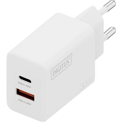 Een witte wandlader met een 'DIGITUS'-label beschikt over twee USB-poorten: een USB-C met 30W vermogen en een USB-A met 18W vermogen.