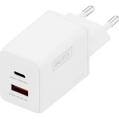 Een witte USB-wandlader met twee poorten met 45W USB-C en 22,5W USB-A uitgangen, ontworpen voor efficiënt opladen van meerdere apparaten.