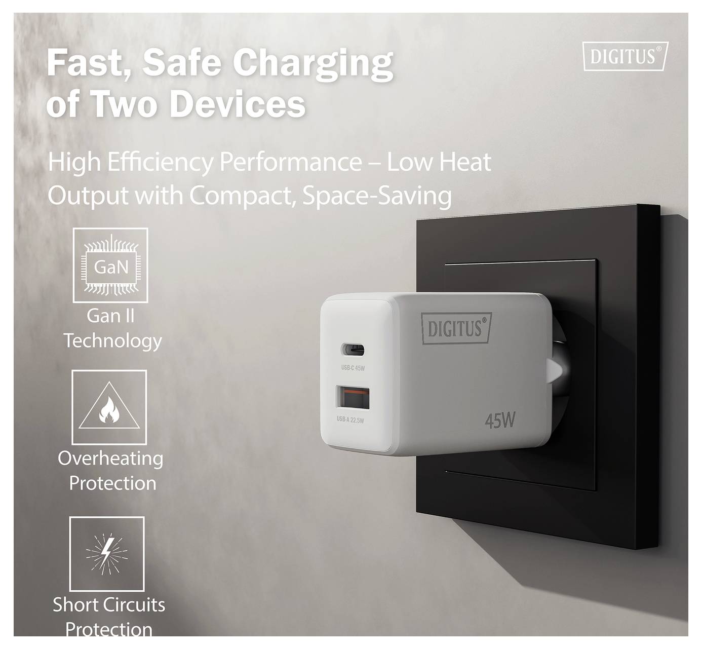 'Snel, Veilig Opladen van Twee Apparaten' wandlader afbeelding met compact 45W-stekker met GaN II-technologie, oververhittings- en kortsluiting-beveiligingsfuncties.