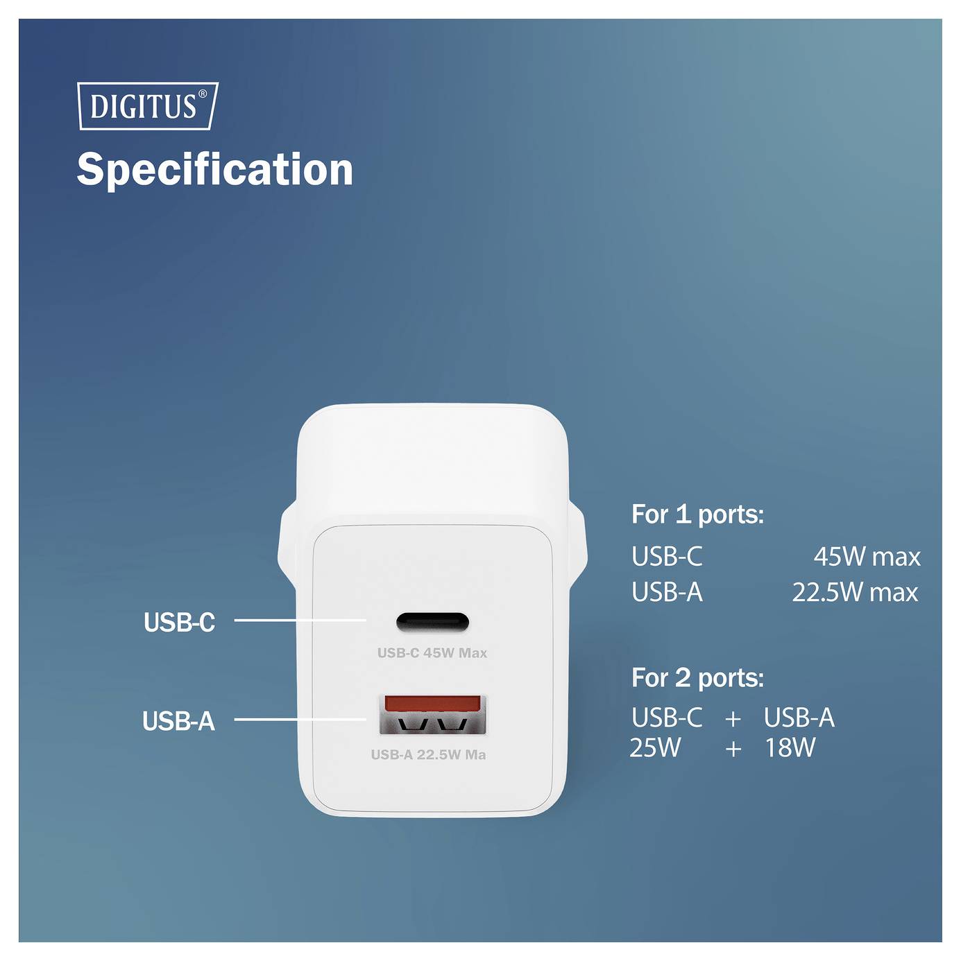 Een witte lader met één USB-C (max. 45W) en één USB-A (max. 22,5W) poort. Gelijktijdig gebruik: USB-C 25W + USB-A 18W. Blauwe achtergrond.