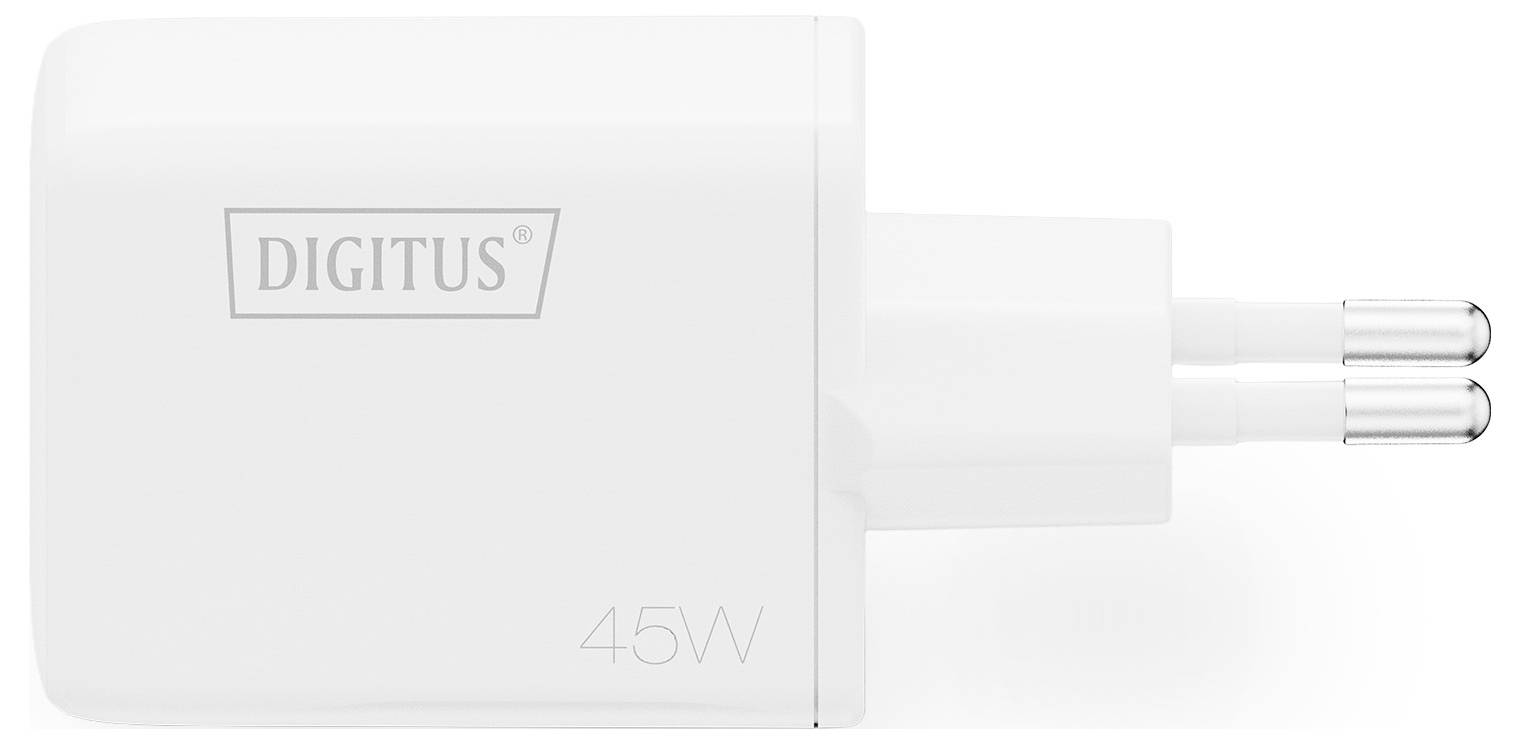 Een witte wandlader met 'Digitus'-branding en '45W' op de zijkant gedrukt, met een Europese stekker.