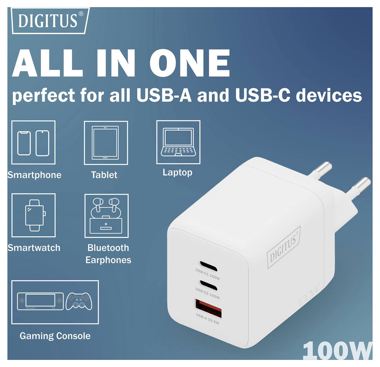 'Digitus: Alles-in-één, perfect voor alle USB-A en USB-C apparaten.' Afbeelding toont witte lader met twee poorten; geschikt voor smartphones, tablets, laptops, smartwatches, Bluetooth-oordopjes en gamingconsoles.