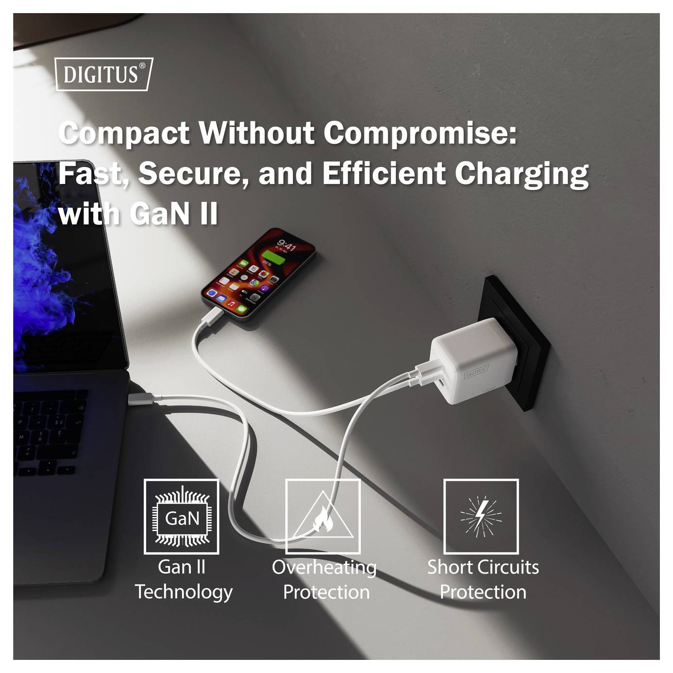 Een telefoon is verbonden met een GaN II-lader die in een stopcontact is aangesloten. Tekst: 'Compact Zonder Compromissen: Snel, Veilig en Efficiënt Laden.'