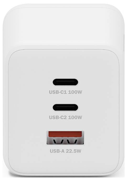 Een witte USB-laadblok met twee USB-C-poorten gelabeld 'USB-C1 100W' en 'USB-C2 100W', en één USB-A-poort gelabeld 'USB-A 22.5W'.