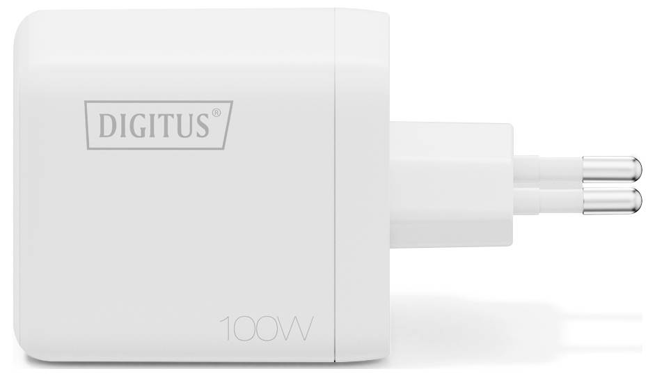 Een witte 100W-voedingsadapter met een Europese stekker, gemerkt met 'DIGITUS' aan de zijkant.